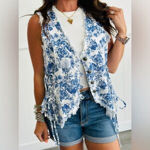 POL Handkerchief Hem Floral Vest Criss Cross Cinching Detail Functional Buttons